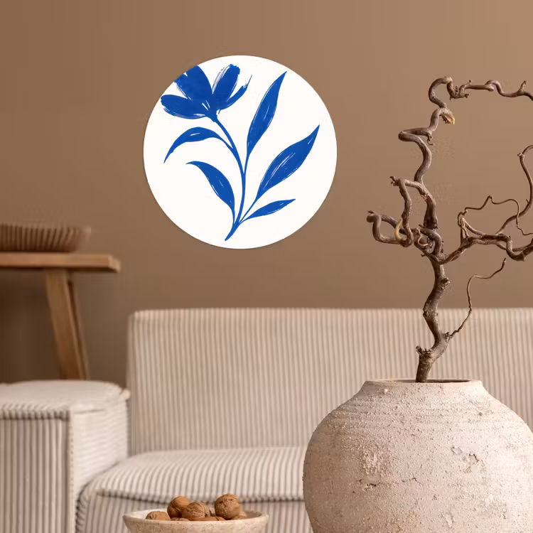 Bloem - Blaadjes - Minimalistisch - Blauw Wandcirkel behangsticker klein -sfeer1