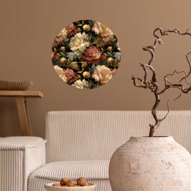Bloemen - Barok - Patroon - Roze - Crème Wandcirkel behangsticker klein 186 -sfeer1