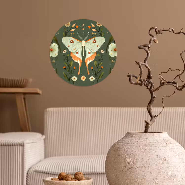 Bloemen - Bladeren - Olijfgroen - Vlinder Wandcirkel behangsticker klein -sfeer1