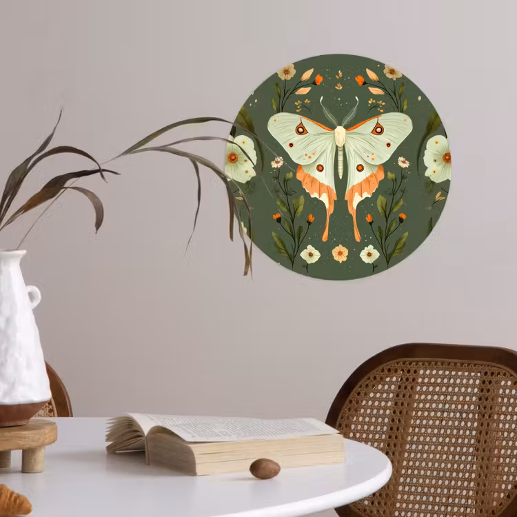 Bloemen - Bladeren - Olijfgroen - Vlinder Wandcirkel behangsticker klein -sfeer3
