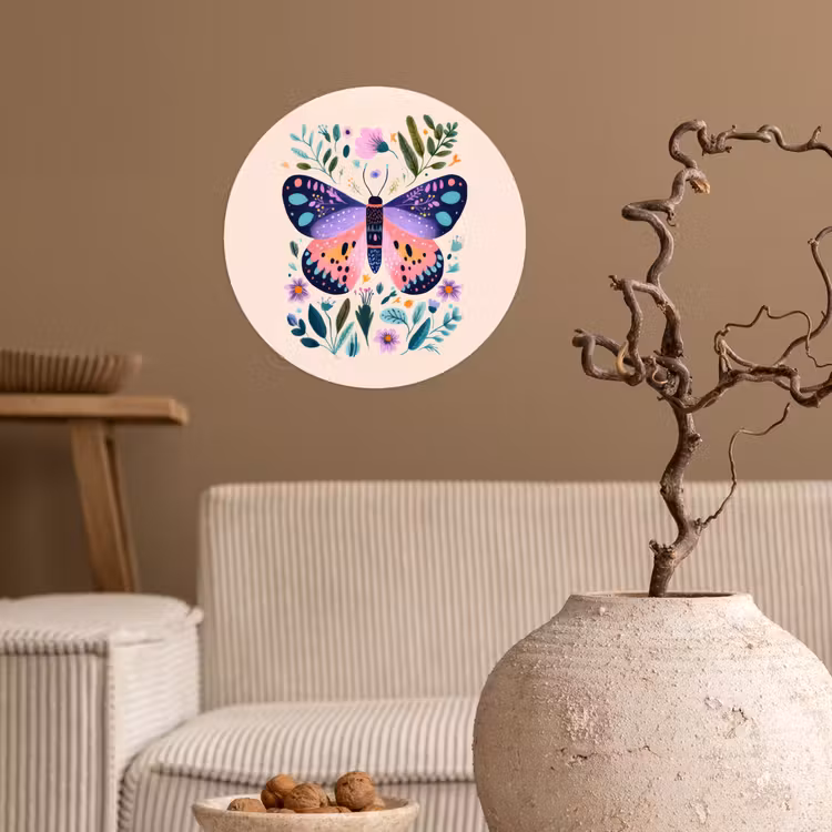 Bloemen - Bladeren - Vlinder - Kleurrijk Wandcirkel behangsticker klein -sfeer1