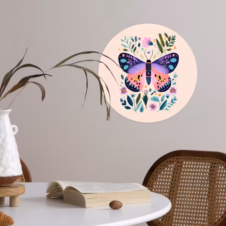 Bloemen - Bladeren - Vlinder - Kleurrijk Wandcirkel behangsticker klein -sfeer3