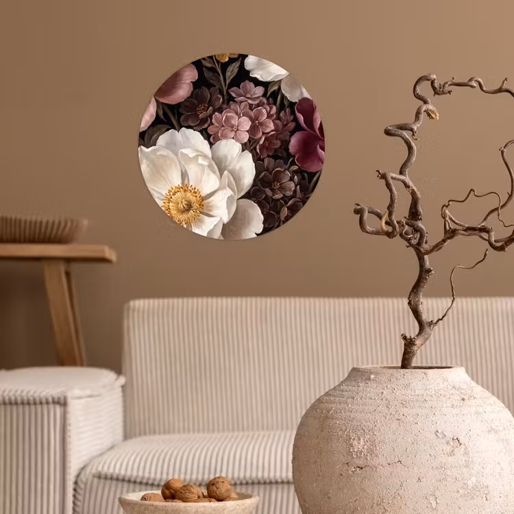 Bloemen - Boeket - Klassiek - Donker - Rood Wandcirkel behangsticker klein -sfeer1