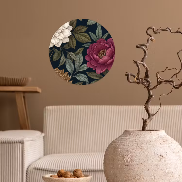 Bloemen - Botanisch - Illustratie - Donker - Vintage Wandcirkel behangsticker klein -sfeer1