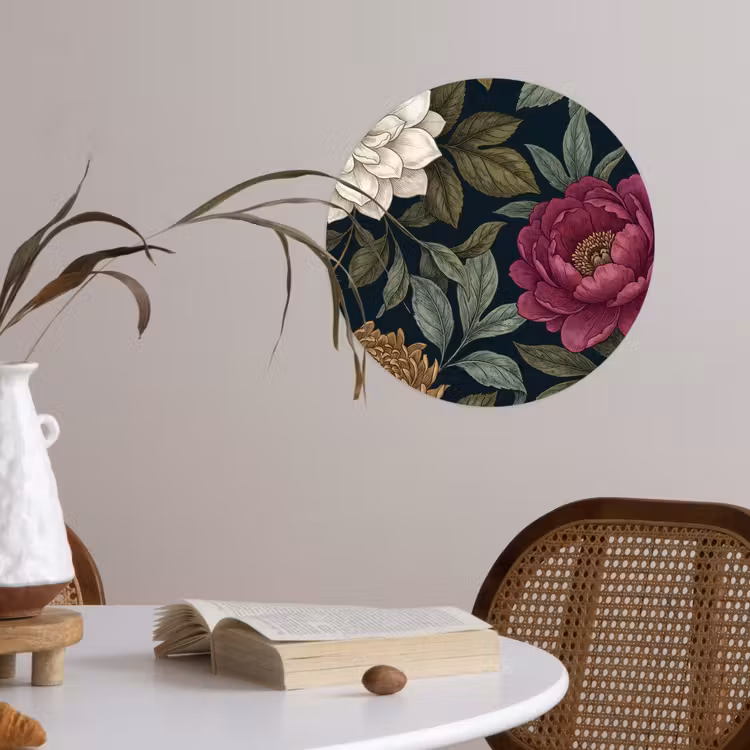 Bloemen - Botanisch - Illustratie - Donker - Vintage Wandcirkel behangsticker klein -sfeer3