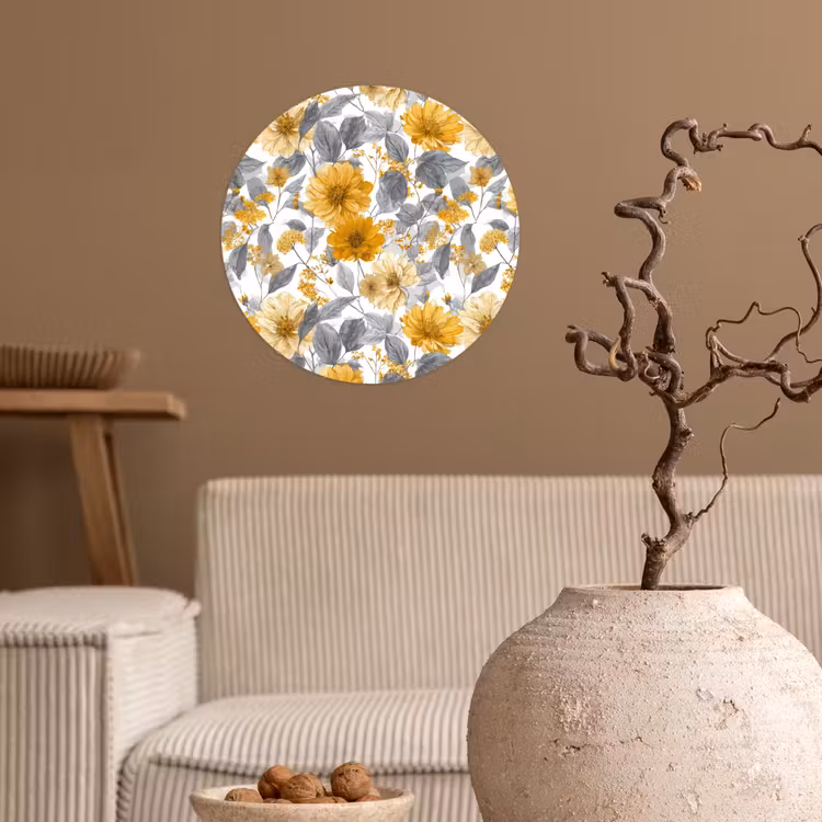 Bloemen - Botanisch - Elegant - Okergeel - Grijs Wandcirkel behangsticker klein 186 -sfeer1