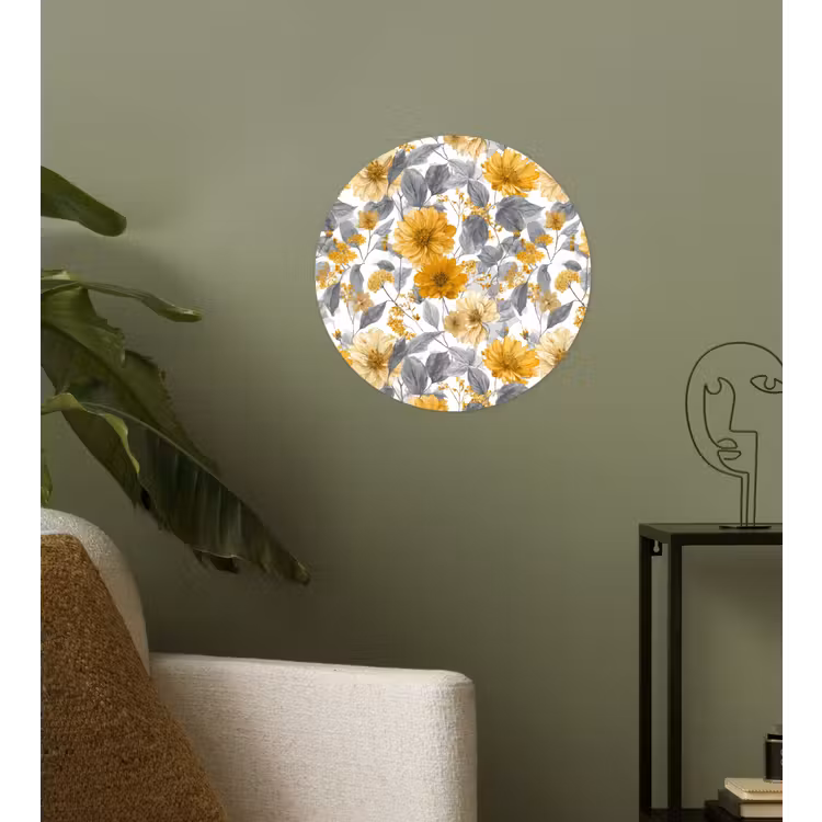Bloemen - Botanisch - Elegant - Okergeel - Grijs Wandcirkel behangsticker klein 186 -sfeer2