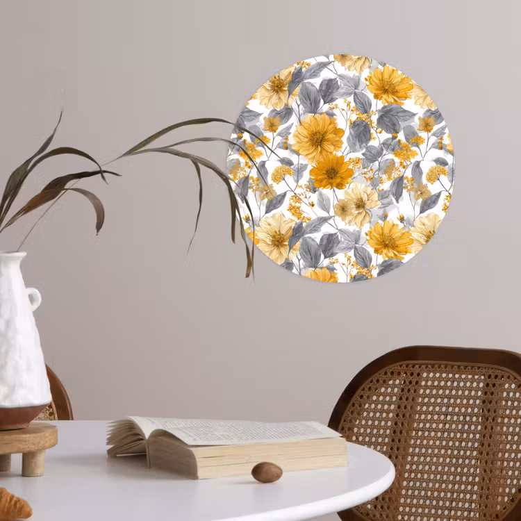 Bloemen - Botanisch - Elegant - Okergeel - Grijs Wandcirkel behangsticker klein 186 -sfeer3
