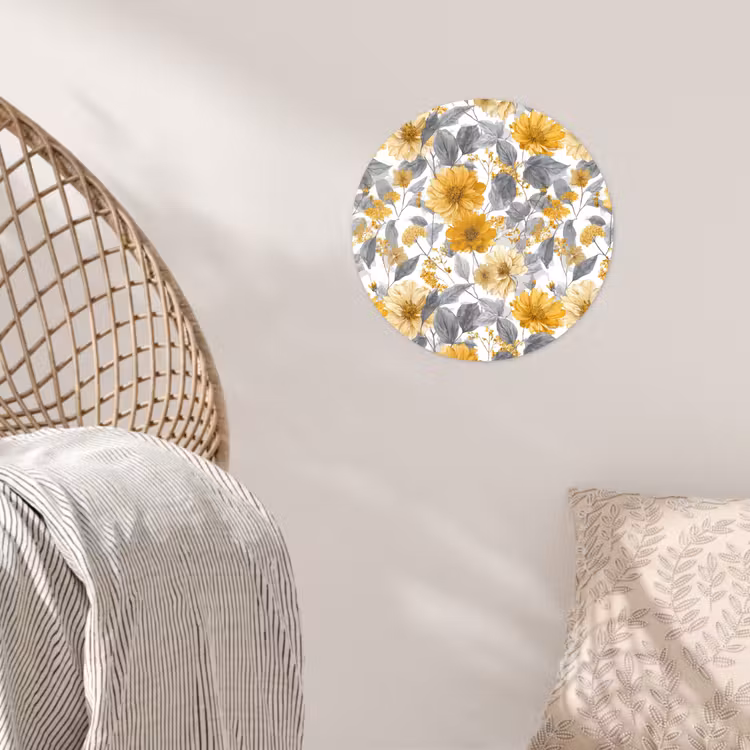 Bloemen - Botanisch - Elegant - Okergeel - Grijs Wandcirkel behangsticker klein 186 -sfeer4