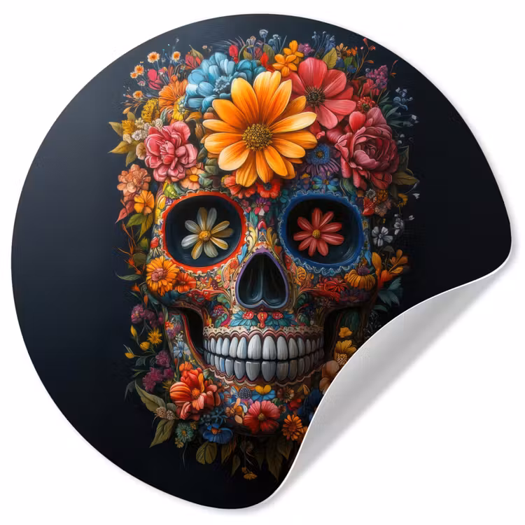 Bloemen - Kleurrijk - Schedel Wandcirkel behangsticker klein -3d