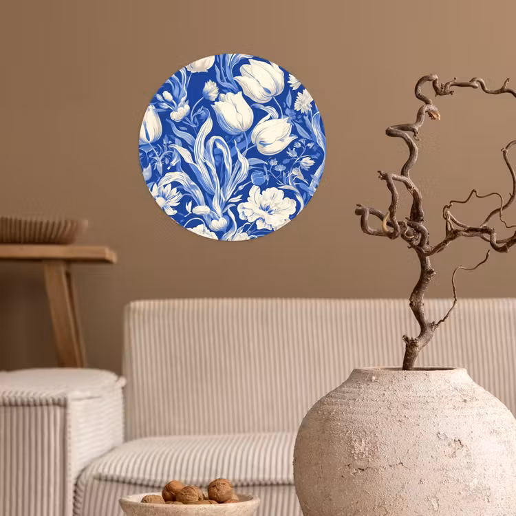 Bloemen - Delfts Blauw - Patroon - Tulp Wandcirkel behangsticker klein -sfeer1