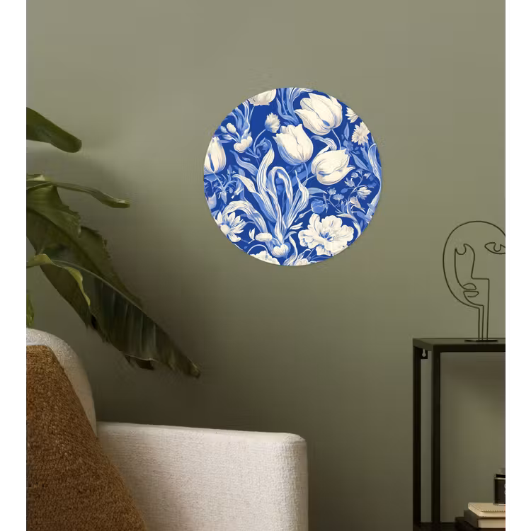 Bloemen - Delfts Blauw - Patroon - Tulp Wandcirkel behangsticker klein -sfeer2
