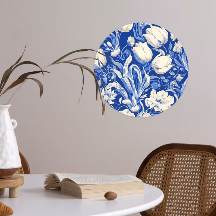 Bloemen - Delfts Blauw - Patroon - Tulp Wandcirkel behangsticker klein -sfeer3