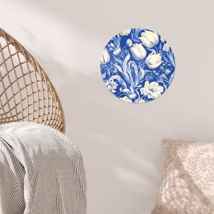 Bloemen - Delfts Blauw - Patroon - Tulp Wandcirkel behangsticker klein -sfeer4