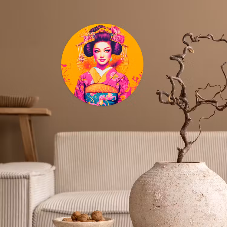Bloemen - Vrouw - Kimono - Roze Wandcirkel behangsticker klein -sfeer1