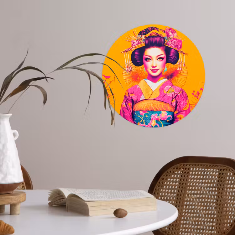 Bloemen - Vrouw - Kimono - Roze Wandcirkel behangsticker klein -sfeer3