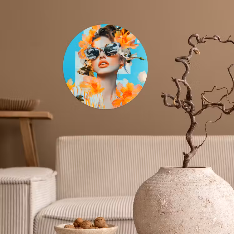 Bloemen - Vrouw - Zonnebril - Blauw Wandcirkel behangsticker klein -sfeer1