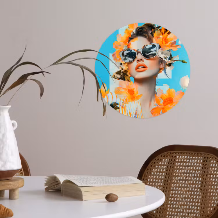 Bloemen - Vrouw - Zonnebril - Blauw Wandcirkel behangsticker klein -sfeer3