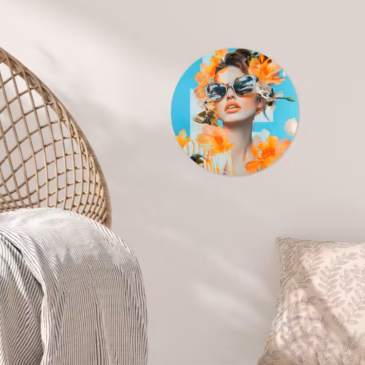 Bloemen - Vrouw - Zonnebril - Blauw Wandcirkel behangsticker klein -sfeer4