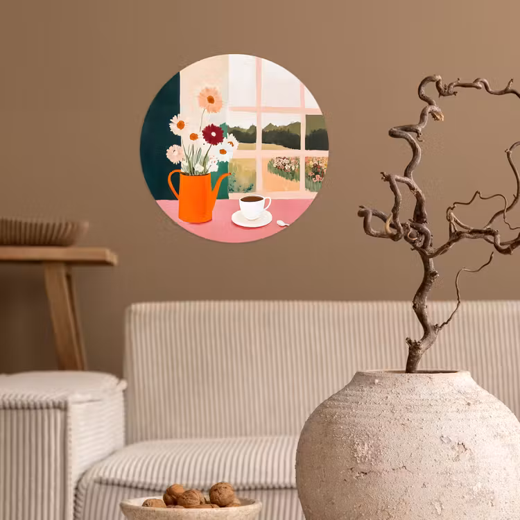 Bloemen - Koffie - Raam Wandcirkel behangsticker klein -sfeer1