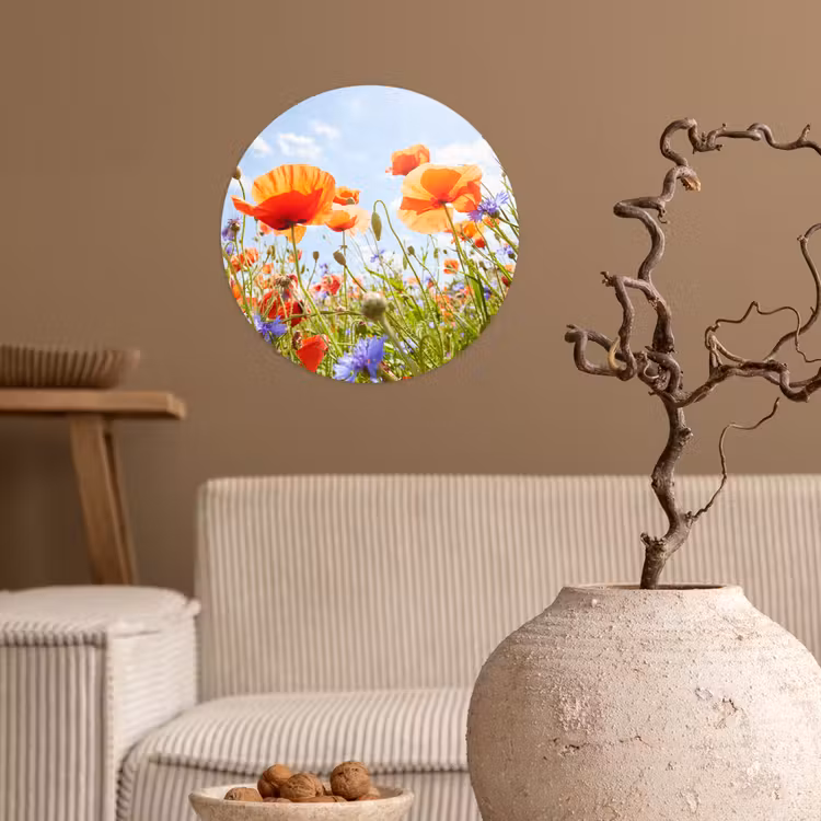 Bloemen - Klaproos - Lente - Natuur - Rood - Blauw Wandcirkel behangsticker klein -sfeer1