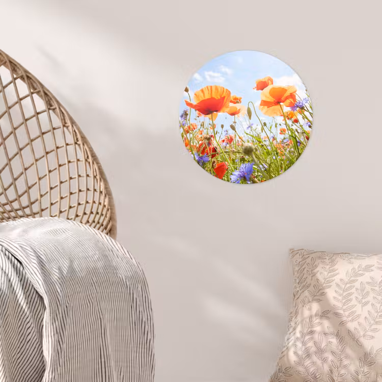 Bloemen - Klaproos - Lente - Natuur - Rood - Blauw Wandcirkel behangsticker klein -sfeer4