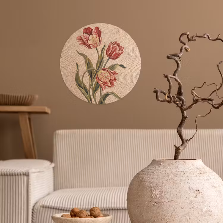 Bloemen - Mozaïek - Rood - Groen - Kunst Wandcirkel behangsticker klein -sfeer1