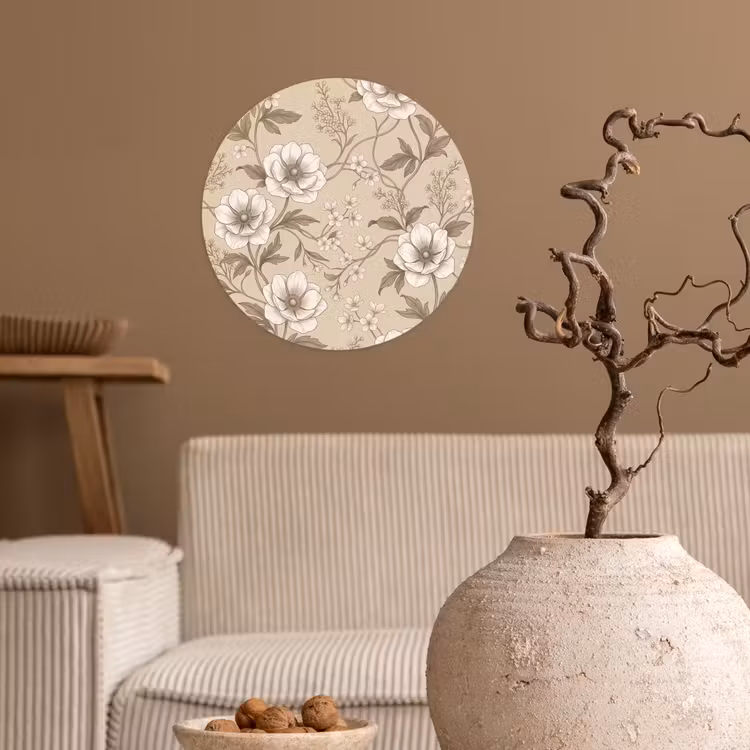 Bloemen - Patroon - Beige Wandcirkel behangsticker klein -sfeer1
