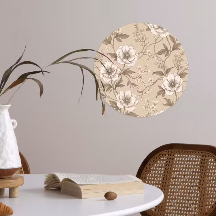 Bloemen - Patroon - Beige Wandcirkel behangsticker klein -sfeer3