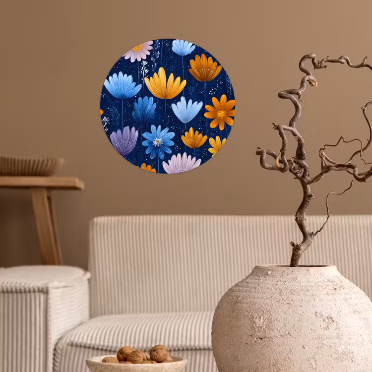 Bloemen - Patroon - Blauw - Contrast Wandcirkel behangsticker klein -sfeer1