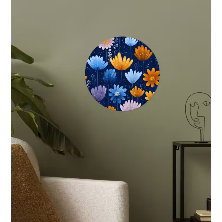 Bloemen - Patroon - Blauw - Contrast Wandcirkel behangsticker klein -sfeer2