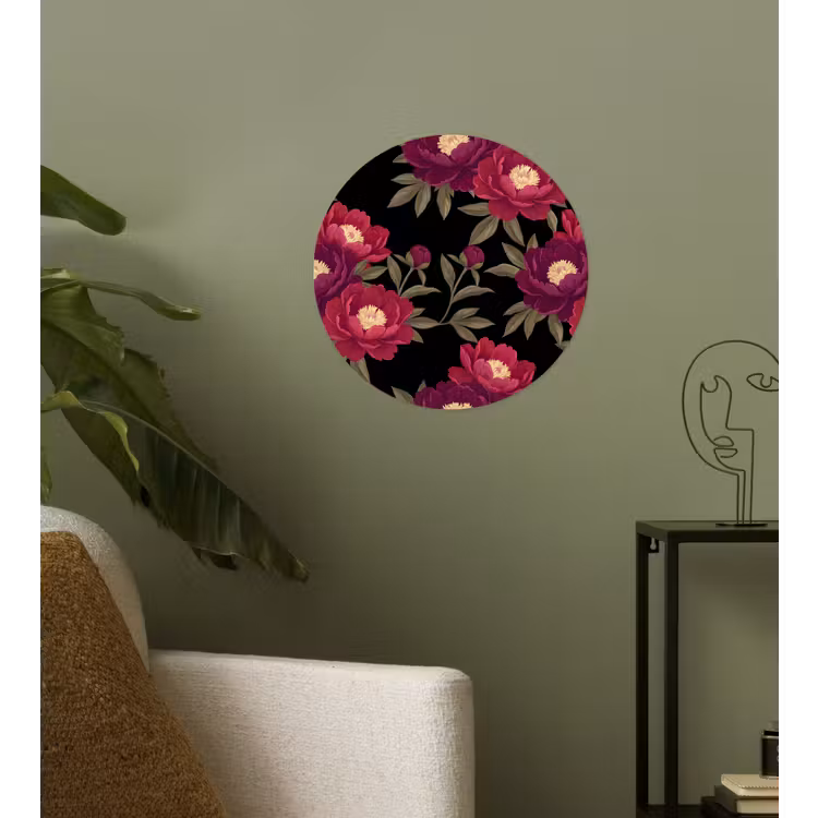 Bloemen - Patroon - Botanisch - Rood - Zwart Wandcirkel behangsticker klein -sfeer2