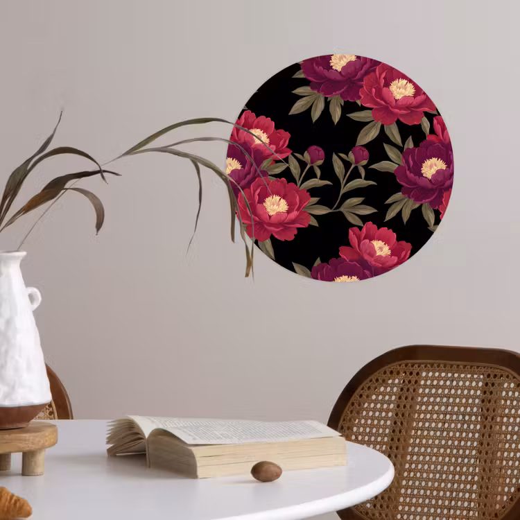 Bloemen - Patroon - Botanisch - Rood - Zwart Wandcirkel behangsticker klein -sfeer3