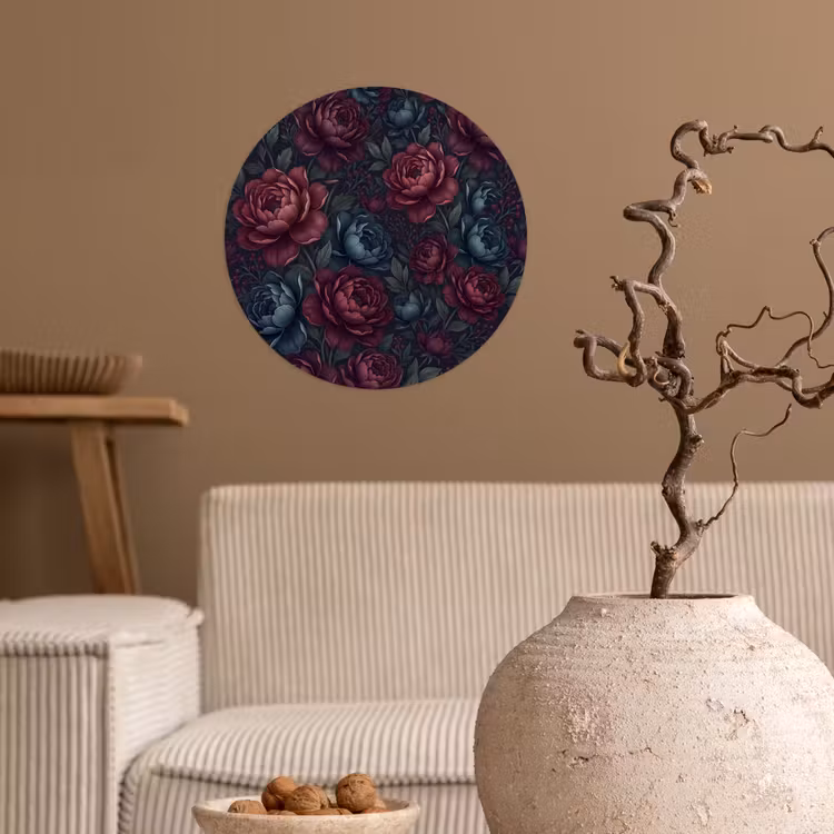Bloemen - Patroon - Natuur - Klassiek - Donker Wandcirkel behangsticker klein -sfeer1