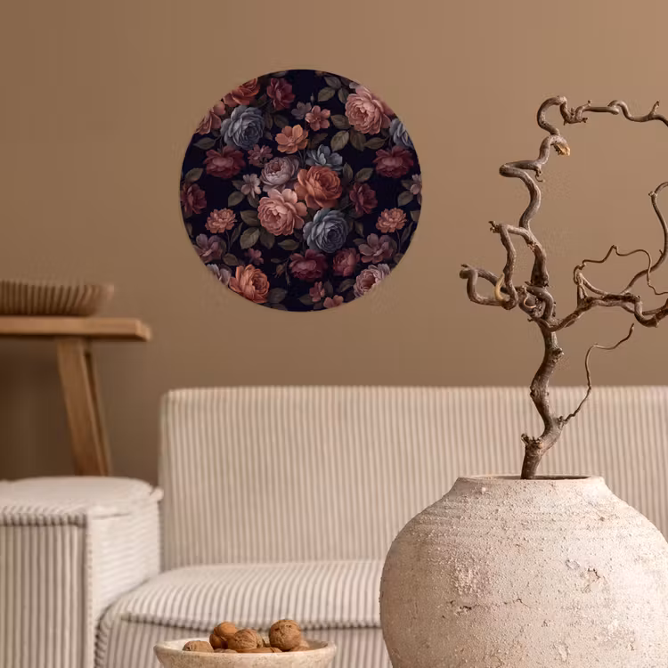 Bloemen - Patroon - Vintage - Donker - Roze Wandcirkel behangsticker klein -sfeer1