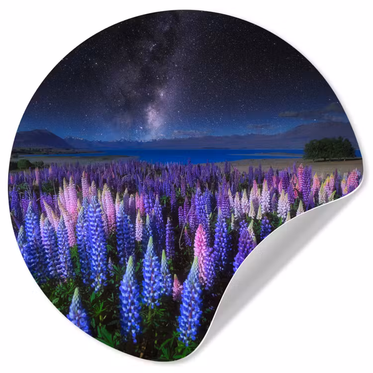 Bloemen - Nacht - Lupine - Sterrenhemel - Paars - Natuur Wandcirkel behangsticker klein -3d