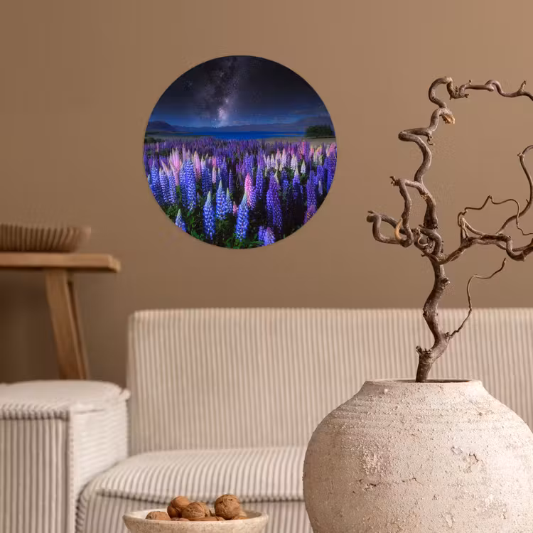 Bloemen - Nacht - Lupine - Sterrenhemel - Paars - Natuur Wandcirkel behangsticker klein -sfeer1