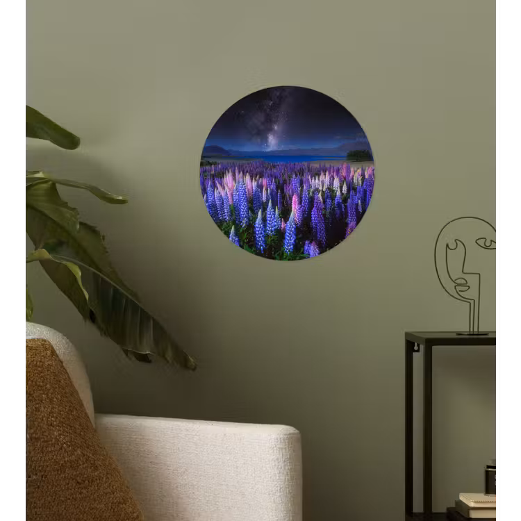 Bloemen - Nacht - Lupine - Sterrenhemel - Paars - Natuur Wandcirkel behangsticker klein -sfeer2
