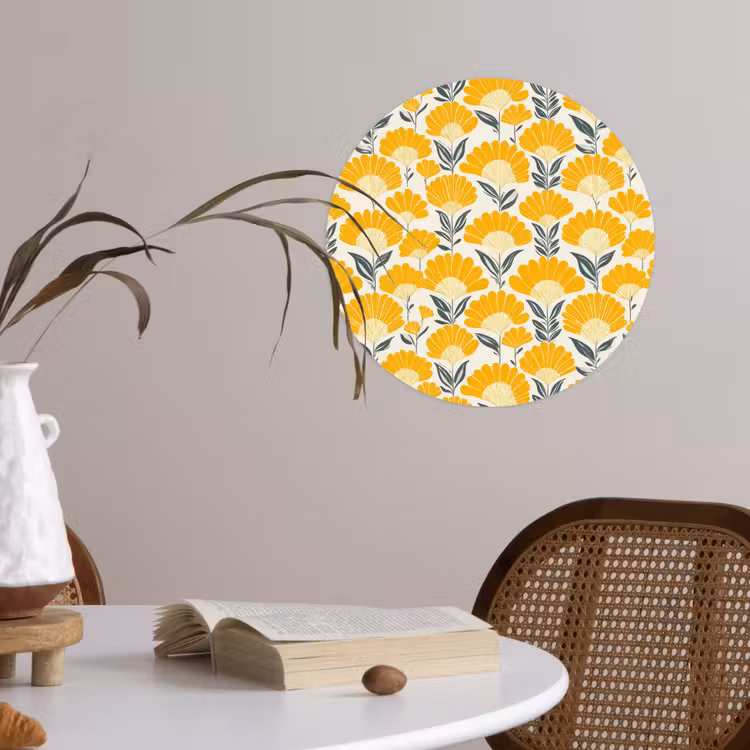 Bloemen - Retro - Botanisch - Okergeel - Grijs Wandcirkel behangsticker klein 186 -sfeer3