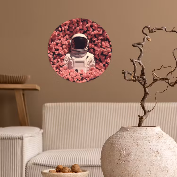 Bloemen - Roze - Astronaut Wandcirkel behangsticker klein -sfeer1
