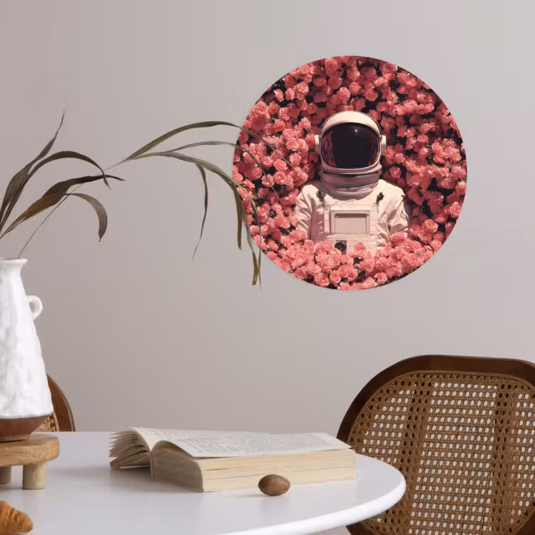 Bloemen - Roze - Astronaut Wandcirkel behangsticker klein -sfeer3