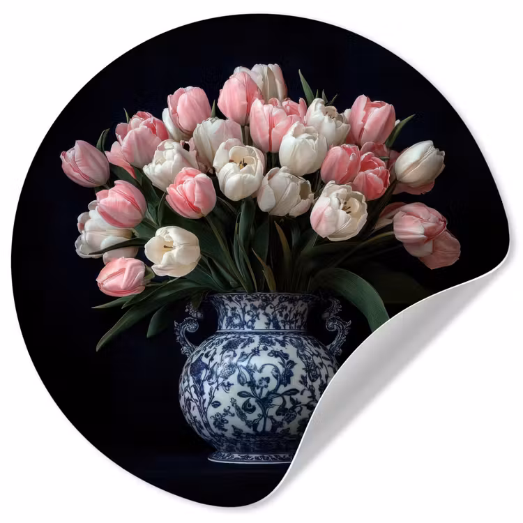 Bloemen - Roze - Tulpen - Vaas Wandcirkel behangsticker klein -3d
