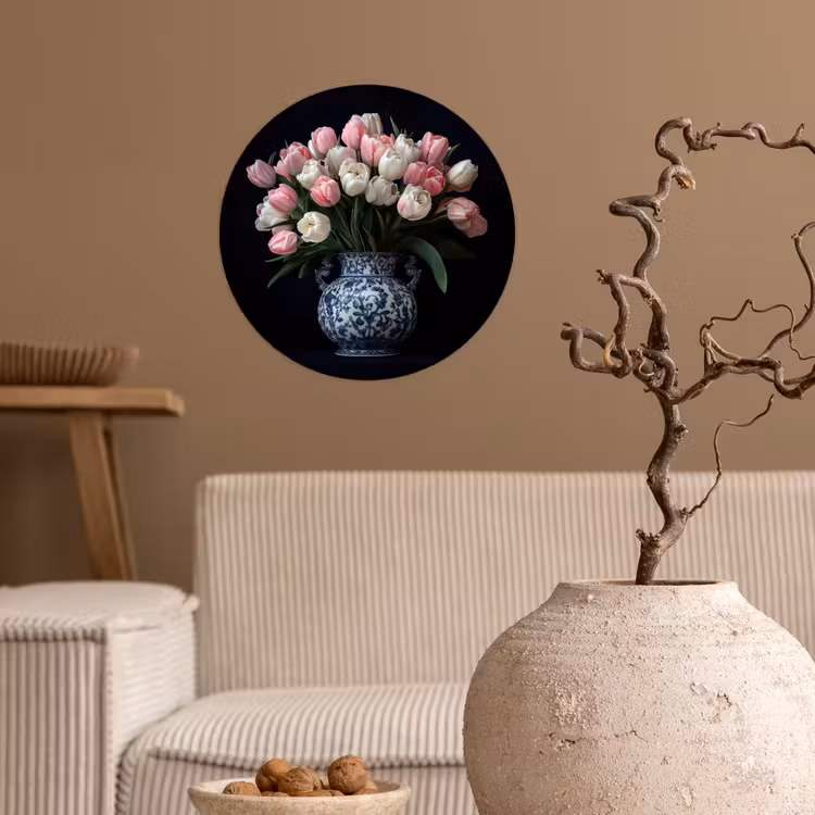 Bloemen - Roze - Tulpen - Vaas Wandcirkel behangsticker klein -sfeer1