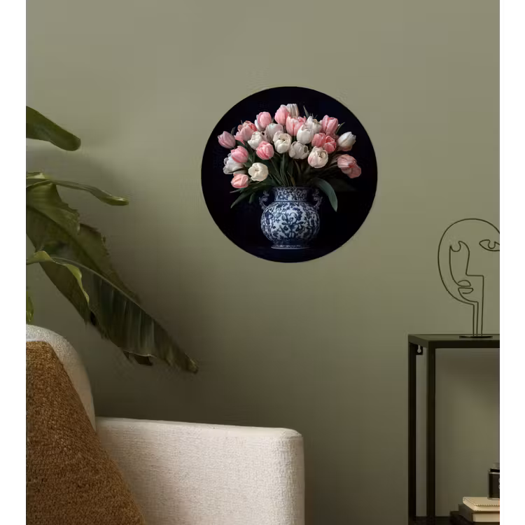Bloemen - Roze - Tulpen - Vaas Wandcirkel behangsticker klein -sfeer2
