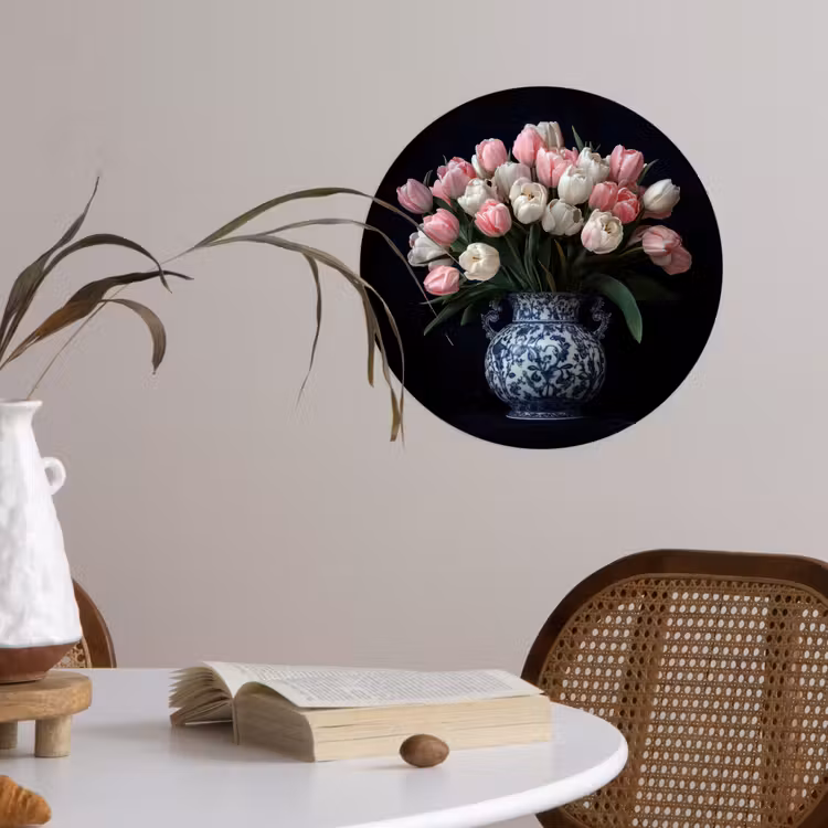 Bloemen - Roze - Tulpen - Vaas Wandcirkel behangsticker klein -sfeer3