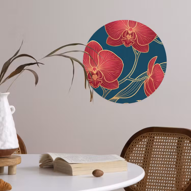 Runde Tapete - Blumen – Rot – Gold - Bloemen - Rood - Goud Wandcirkel behangsticker klein