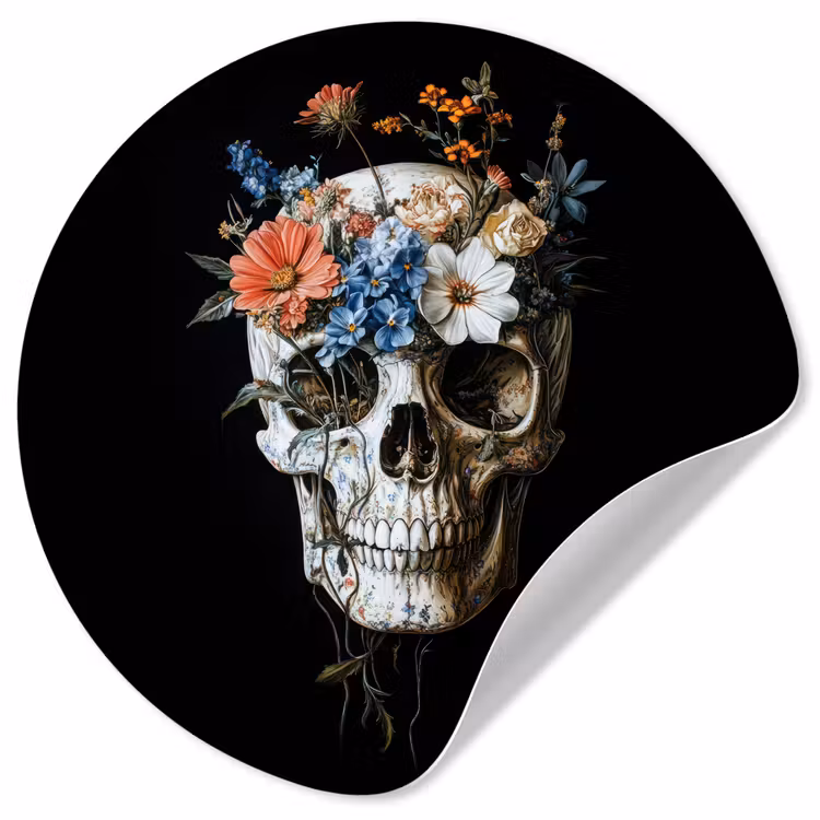 Bloemen - Schedel - Kleurrijk Wandcirkel behangsticker klein -3d