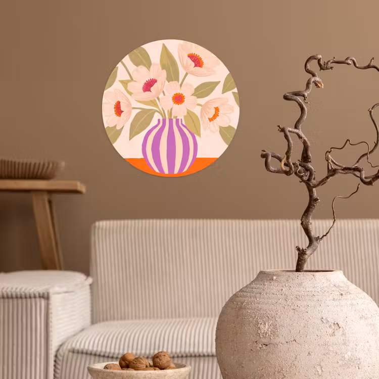 Bloemen - Vaas - Abstract - Paars - Oranje Wandcirkel behangsticker klein -sfeer1