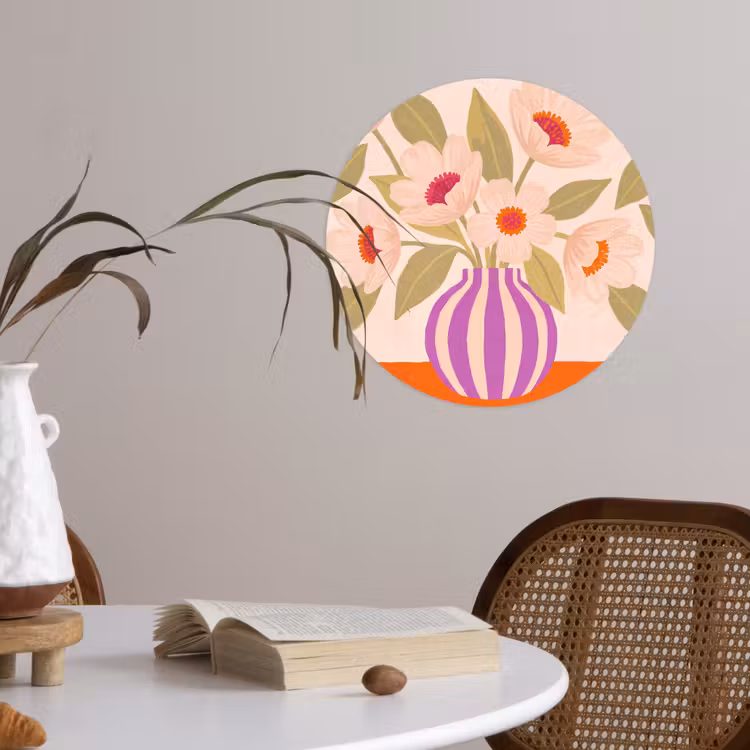 Bloemen - Vaas - Abstract - Paars - Oranje Wandcirkel behangsticker klein -sfeer3