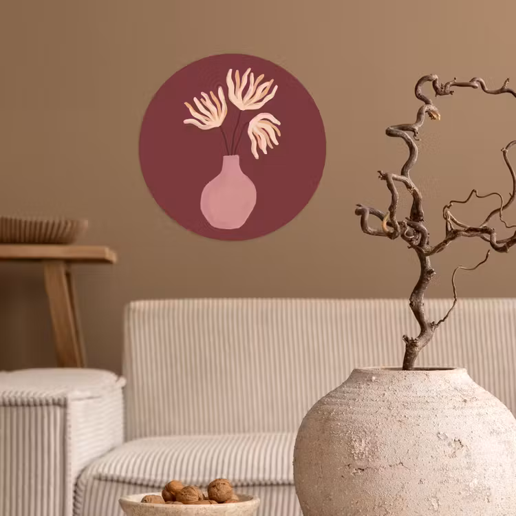 Bloemen - Vaas - Abstract - Modern - Aardetinten Wandcirkel behangsticker klein -sfeer1